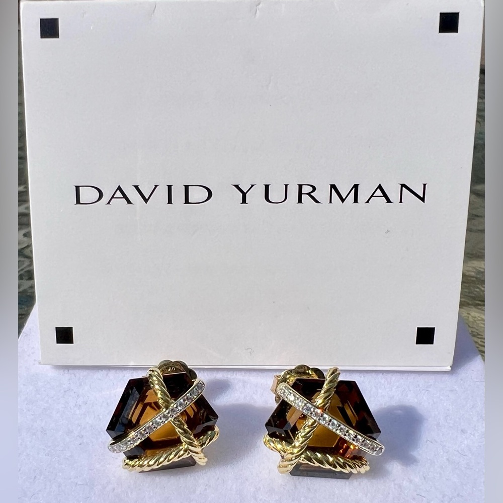 David Yurman 18k Hexagon Smokey Quartz & Diamond Cable Wrap Stud Earrings Large